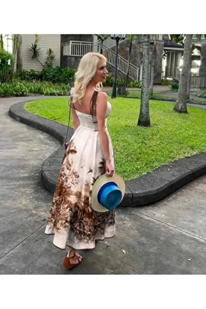 MODALOVİA Nature Patterned Strap Summer Midi Dress