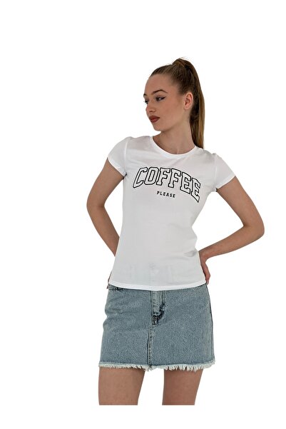 Miss Poem Γυναικείο καλοκαιρινό μπλουζάκι με στάμπα καφέ με κοντό μανίκι στενό λευκό μπλουζάκι