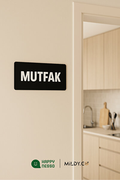 Happynesso "MUTFAK" Yazılı SİYAH Pleksi Kapı Tabelası – 22x8 cm | Kişiselleştirilebilir Seçenekli