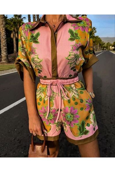 MODALOVİA Women's Summer Relaxed Fit Shorts Shirt Set - Pink Floral