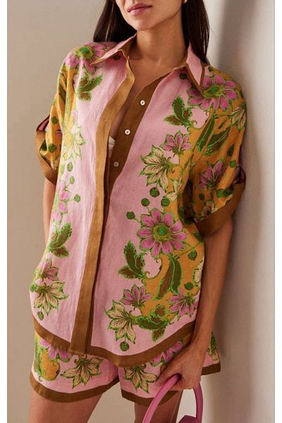 MODALOVİA Women's Summer Relaxed Fit Shorts Shirt Set - Pink Floral