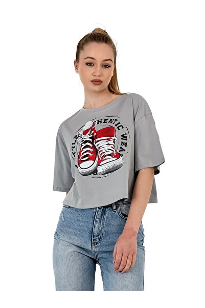 Miss Poem Women's Oversize Printed Short Sleeve Gray Crop T-Shirt