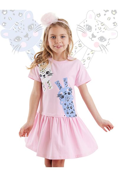 Denokids Καλοκαιρινό χτενισμένο βαμβακερό φόρεμα για κορίτσια με ροζ λεοπάρ μοτίβο - Μαζευμένη φούστα