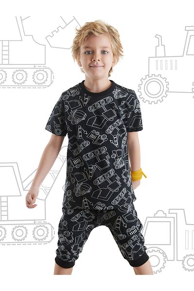 Denokids Boy's Black Summer T-shirt and Capri Shorts Set