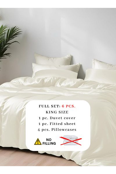 LUNA HOME King Size 6 Pieces Premium Bamboo Satin Silky Duvet Cover Set, Ivory Color 220x240cm.