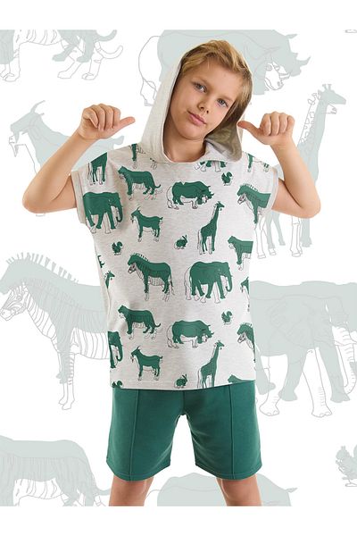 MSHB&G Green Boy's Hooded Summer T-shirt and Shorts Set - Animals