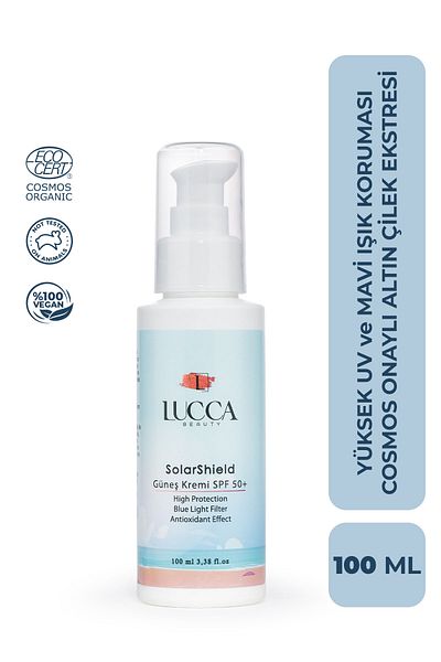 LUCCA BEAUTY Solarshield Sunscreen 100 ml - 50 Spf High Protection, Cosmos Certified and Water Based Cream