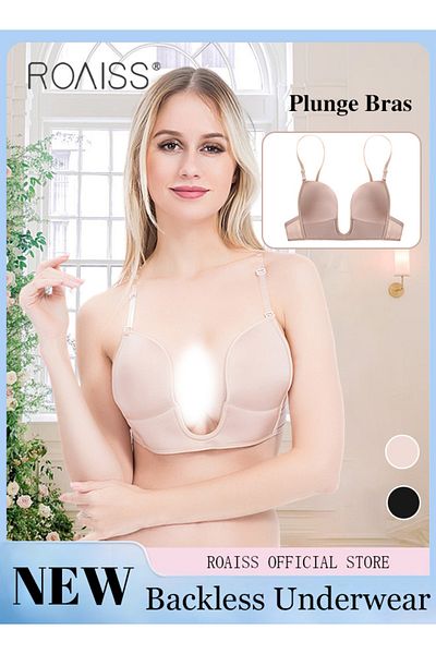 ROAISS Women's Smooth Plunge Bras U-shaped Gathered Seamless Low-cut Backless for Wedding Dress