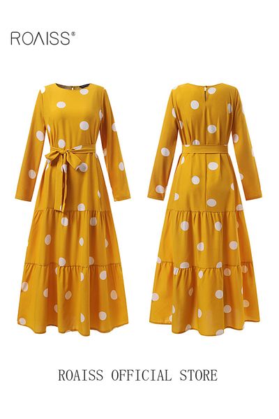ROAISS Women Spring Muslim Dress Elegant Casual Loose Abaya Long Sleeved Polka Dots Printed Maxi Robe