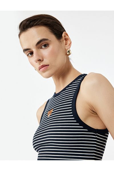 Koton Slim Fit Crew Neck Teddy Bear Embroidery Detailed Striped Crop Undershirt