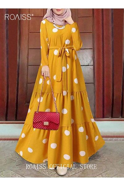 ROAISS Women Spring Muslim Dress Elegant Casual Loose Abaya Long Sleeved Polka Dots Printed Maxi Robe