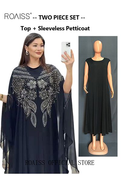 ROAISS Women's Dress Oversized Skirt with Dolman Sleeves Loose Waist Robe Pearl Chiffon Diamond Have Inner