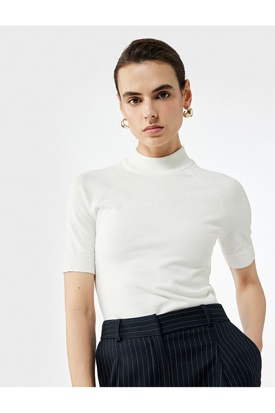 Koton Rayon Fabric Short Sleeve Stand Collar Knitwear Sweater