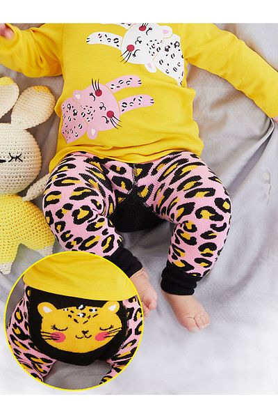 Denokids Leopard Baby Girl Pink Jambiere-pantaloni