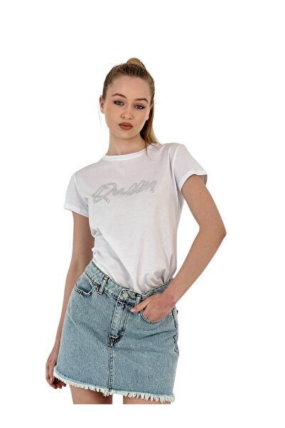 Miss Poem Tricou alb subțire de vară cu mânecă scurtă Queen Stone pentru femei