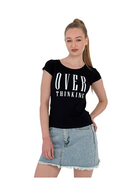 Miss Poem Γυναικείο μπλουζάκι με κοντό μανίκι με τύπωμα στενό μαύρο μπλουζάκι