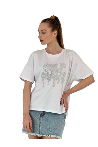 Miss Poem Γυναικείο μπλουζάκι Self Stone με τύπωμα με κοντό μανίκι, φαρδύ λευκό μπλουζάκι