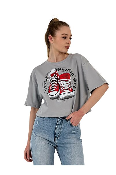 Miss Poem Women's Oversize Printed Short Sleeve Gray Crop T-Shirt