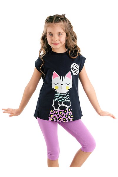 MSHB&G Lilac Summer T-shirt and Leggings Set for Girl - With Cat