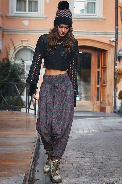 Los banditos Gipe Waist Detailed Winter Burgundy Patterned Women's Shalwar Trousers