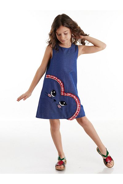 Denokids Marineblaues gewebtes Sommerkleid für Mädchen - Katzenliebe-Muster