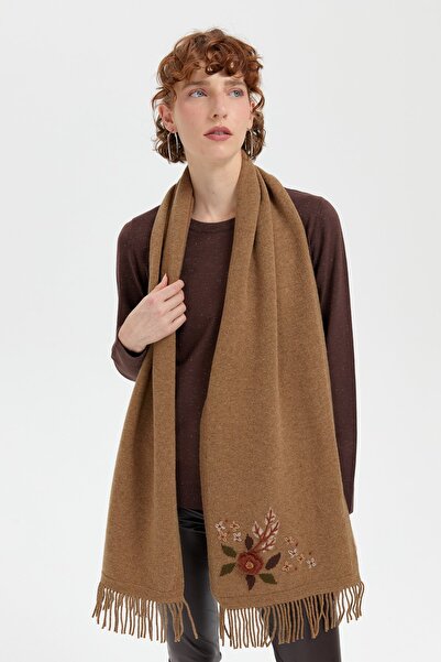 Desen Triko V.Camel Women's Wool Camisole - Daisy Embroidered and Tassel