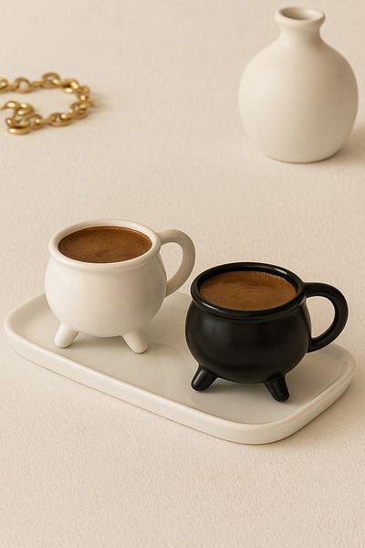 Anadolu Saray Set of 2 Witch Cauldron Shaped Turkish Coffee Cup Set Cup Set Coffee Cup Set