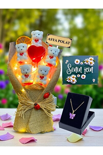 MEGA KANYON Kişiye Özel Isimli Led Işıklı Beyaz Tatlı Ayıcıklar Buketi & Kele...