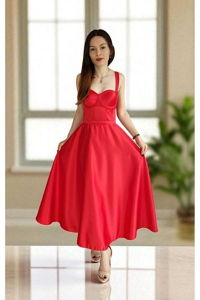 FİYPER Red Midi Length Satin Evening and Homecoming Dress