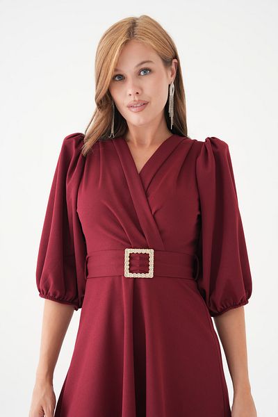 vuvutasarım Stretch Fabric Short Balloon Sleeves V Neck Belt Detail Flared Cut Midi Length Burgundy Evening Dress 3602