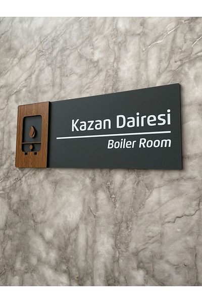 Yönline Boiler Circle Door Sign 24X9 cm Plexiglass & Mdf Adhesive Directional Sign Wooden Series