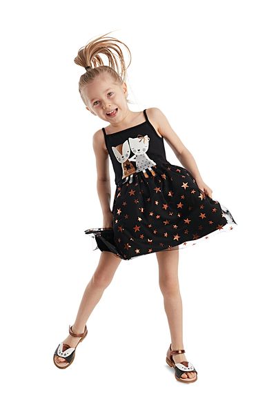 Denokids Βραδινό φόρεμα για κορίτσι με μαύρο τούλι Starry Tutu Fluffy Strap