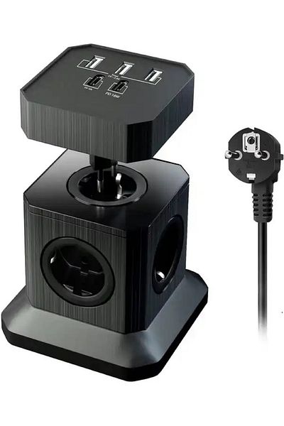 INNOVIO Prelungitor tip cub detasabil INNOVIO, Putere mare 4000W/16A, 5 prize AC, 5 porturi USB