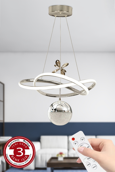 RANSOM 3 Renk Toplu Kumandalı Krom Gümüş Dimmerli Led Avize Büyük Yıldız Ledli Avize