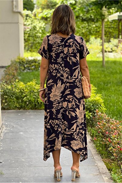 Nevin Kaya Moda Hajlított szabású sötétkék színű Hazan leveles ruha