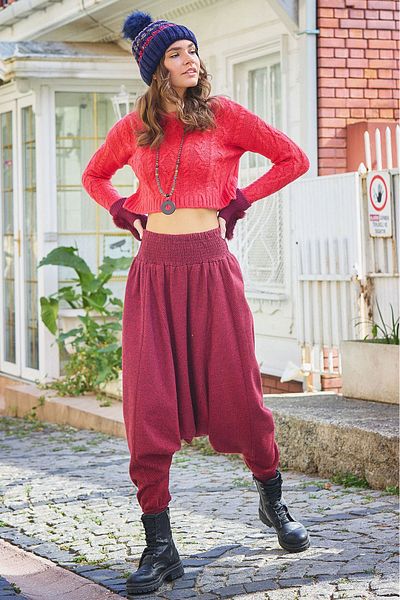 Los banditos Gipe Waist Detailed Winter Burgundy Diagonal Women's Baggy Trousers