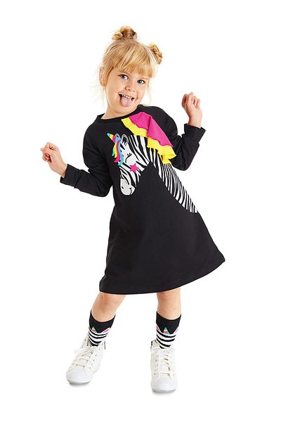 Denokids Μονόκερος Ζέβρα Μοτίβο - Κοριτσίστικο μακρυμάνικο βολάν φόρεμα