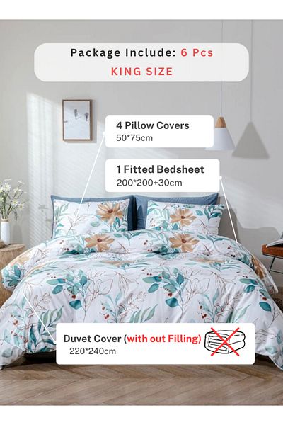 LUNA HOME King Size 6 Pieces, Leaves Design Pearl White Color, Bedding Set 220x240cm.