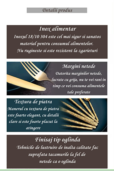 INNOVIO Set tacamuri premium din inox 18/10 304, 16 piese, Maner elegant textura piatra, Auriu
