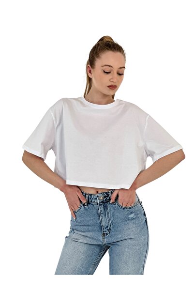 Miss Poem Γυναικείο μπλουζάκι oversized Basic με κοντό μανίκι λευκό Crop