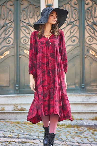 Los banditos Red Patterned V-Neck Bohemian Loose Dress with Elastic Sleeve Tips