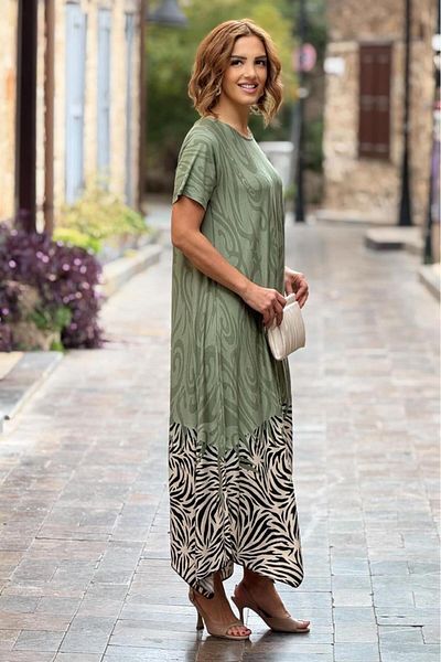 Nevin Kaya Moda Φόρεμα Water Green Safari με μοτίβο Bias Cut