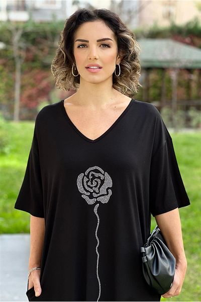 Nevin Kaya Moda Rochie neagră subțire cu detaliu de piatră de apă