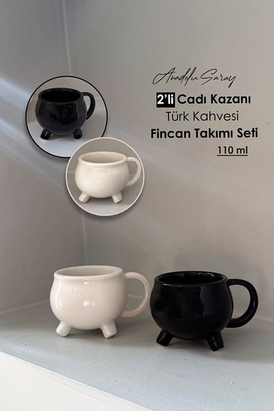 Anadolu Saray Set of 2 Witch Cauldron Shaped Turkish Coffee Cup Set Cup Set Coffee Cup Set