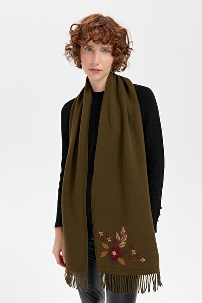 Desen Triko Γυναικείο μάλλινο κασκόλ A.Green - Κεντημένο με μαργαρίτα και φούντες