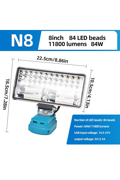Choice 8 inches LED Work Light for Makita portable Flood Light with USB Port, Lighting Spotlight Suitable