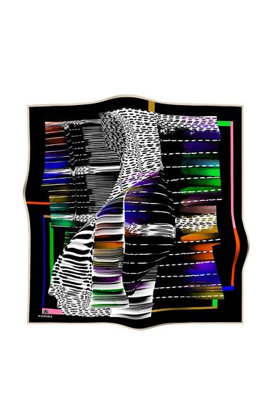 Vissona 100% Twill Silk Geometric Pattern Μαύρο - Πορτοκαλί Χρώμα 90x90 Σχήμα Ραπτικής Κασκόλ: Ράψιμο στο χέρι