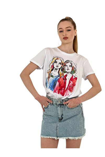 Miss Poem Γυναικείο κοντομάνικο καλοκαιρινό φαρδύ λευκό μπλουζάκι με τύπωμα