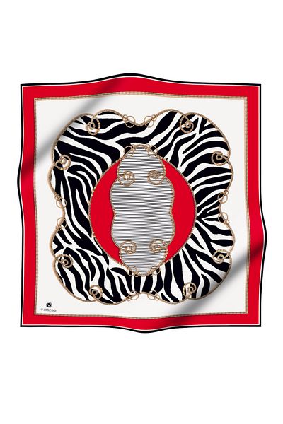 Vissona Κόκκινο και μαύρο χρώμα 100% Twill Silk Chain Zebra μοτίβο 90x90 Κασκόλ - Ράψιμο στο χέρι