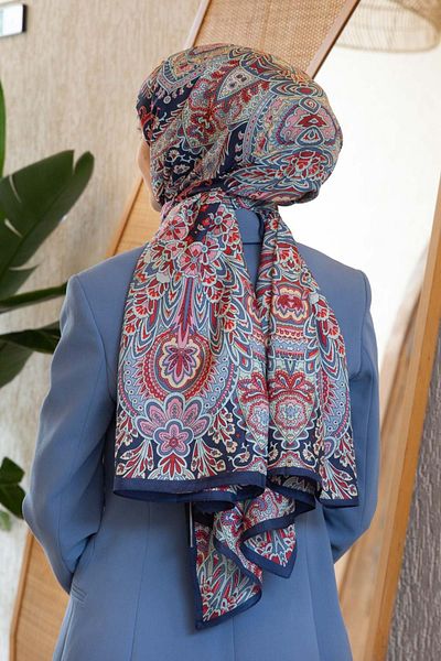 Vissona 100% Silk Ethnic Patterned Navy Blue - Burgundy Colored 92X210 Shawl